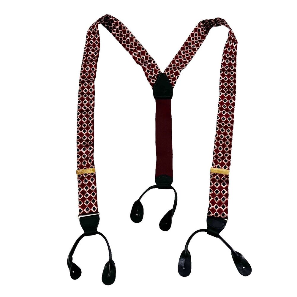 Pelican USA Suspenders Burgundy w Diamond Shapes Black Leather Button On Braces